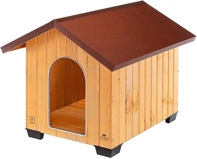 Ferplast Domus XL Casetta per Cani in Legno FSC - Tetto Apribile con Chiusura, Impermeabile & Anti-UV - Griglia Aerazione - Porta Antimorso in Alluminio - Piedi Isolanti - 121 x 78 x h 78, 5 cm — Riscaldamento