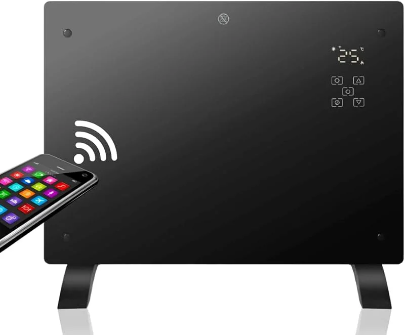 Radiatore elettrico in vetro temperato, a basso consumo, calore istantaneo, Power Smart Heater, 1500 W, WIFI, termostato, timer, supporto per terra, protezione surriscaldamento, silenzioso, nero