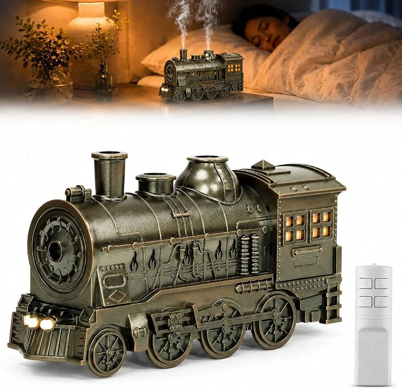 Diffusore a forma di treno - Diffusore a forma di treno da 300 ml per oli essenziali, diffusore a forma di treno natalizio con luce notturna e telecomando (Antique Silver) — Umidificatore