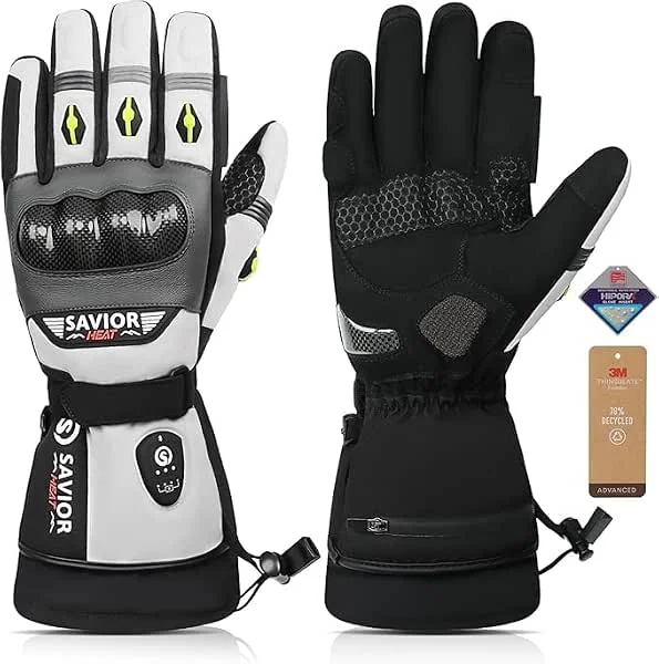 SAVIOR HEAT Guanti Moto Riscaldati Ricaricabili Impermeabili, Carbonio + PVC, Doppio Strato, Batteria 3000mAh, Cavo PD + Cavo Auto, Guanti Invernali Uomo Donna per Sci e Ciclismo — Abbigliamento riscaldato