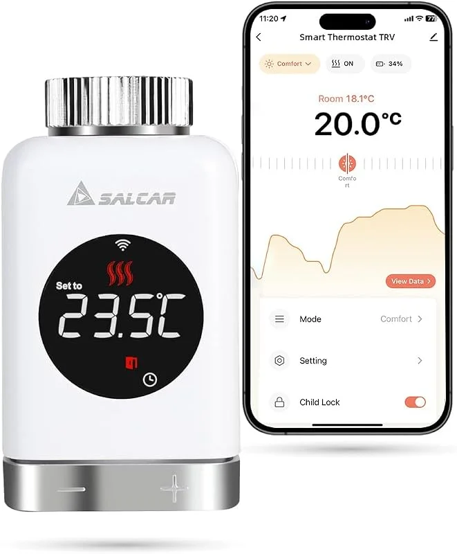 SALCAR Valvola Termostatica Intelligente WIFI Termostato TRV801W Testa Termostatica Compatibili con Amazon Alexa & Google Assistant Programmabili Tuya Smart Termostato, Nessun Gateway Richiesto — Riscaldamento