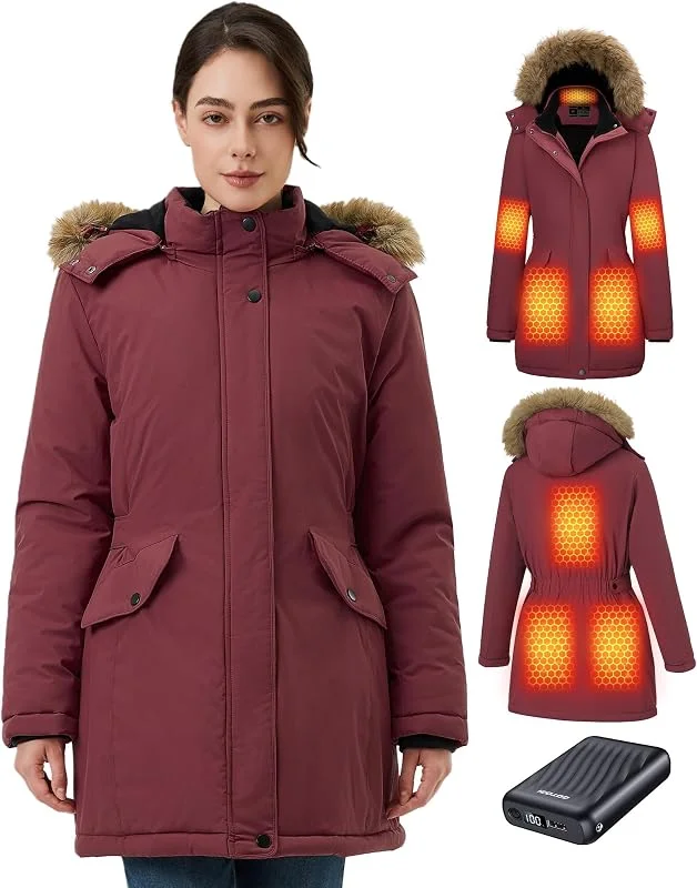 Giacca Riscaldata Donna Con Batteria 12v 18400mah, 8 zone di riscaldamento con 3 livelli di temperatura, Parka caldo e impermeabile con cappuccio in pelliccia sintetica rimovibile — Abbigliamento riscaldato