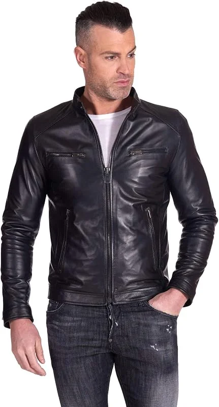 D'Arienzo Giacca Pelle Marrone Uomo Giubbino Moto Vera Pelle Made in Italy Hamilton — Abbigliamento riscaldato