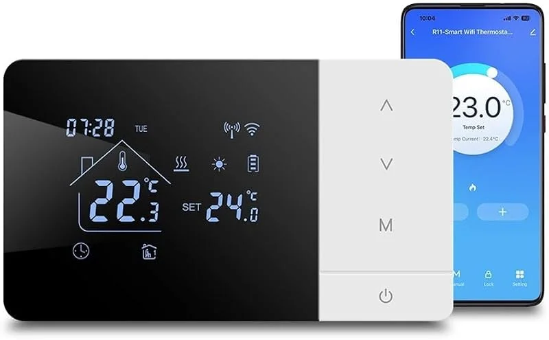 Termostato programmabile per riscaldamento e raffreddamento compatibile con Smart Life, controllo vocale per Alexa, doppio alimentatore tramite USB, intervallo regolabile da 5 a 60 °C, nero e bianco