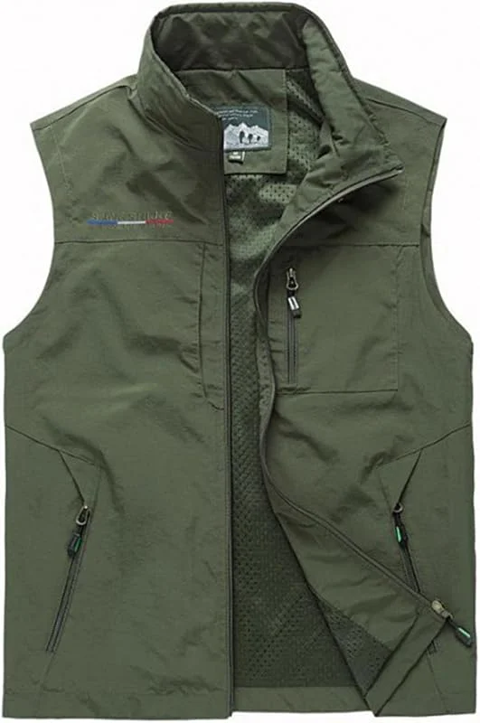 Gilet da uomo in softshell verde militare, con tasche con cerniera e colletto rialzato, giacca leggera senza maniche, antivento, strato primaverile per pendolari, passeggiate con il cane e golf nel — Abbigliamento riscaldato