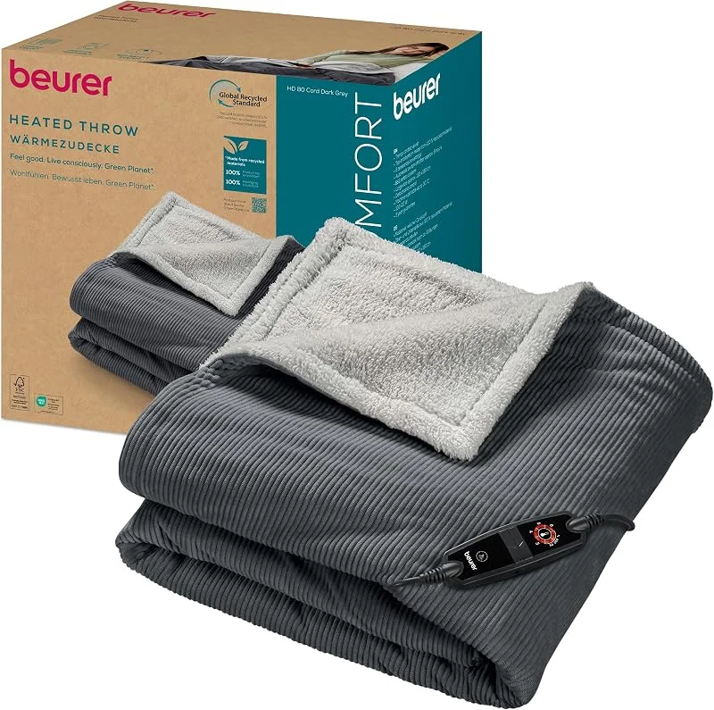 Beurer HD 80 Coperta termica in velluto a coste con 6 livelli di temperatura, materiali riciclati, con spegnimento automatico e sistema di sicurezza, coperta in morbido tessuto grigio — Riscaldamento