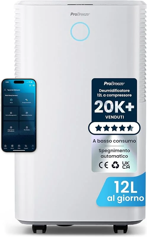 Pro Breeze Deumidificatore OmniDry 12L, Giorno per Casa, Antimuffa Bagno Armadio Camera da Letto, Silenzioso e Portatile, Sensore Umidità Automatico, Display, Timer 24h, Funzione Bucato, Smart App