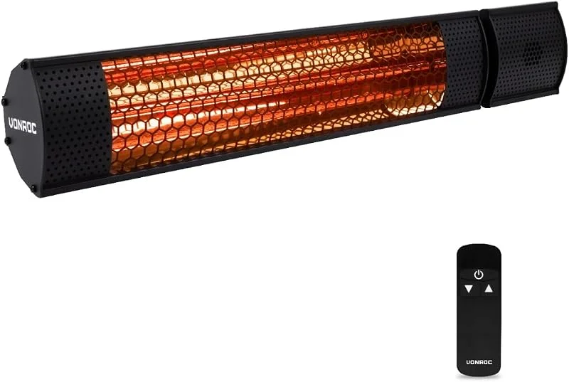 VONROC Stufa riscaldante a infrarossi 2000W da esterno. 2 livelli di calore. Per parete e soffitto. Con elemento anabbagliante. Incl. Telecomando. Nero — Riscaldamento