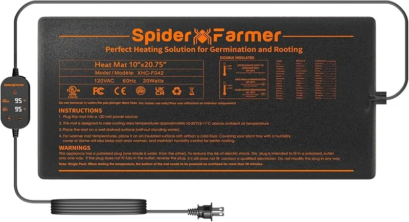 SPIDER FARMER Tappetino riscaldante per Piante Tappetino riscaldante con regolatore termostatico per la germinazione di piantine per Serra Indoor Tappetino riscaldante 25x52cm 20W — Riscaldamento