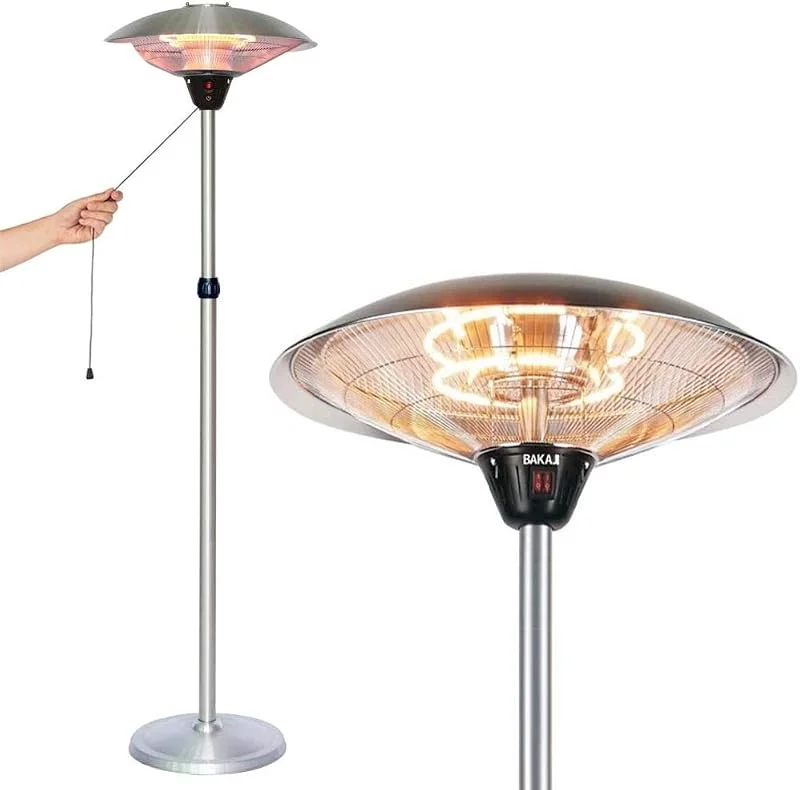 BAKAJI Stufa 2 Elementi al Quarzo per Patio Gazebo Lampada Piantana Infrarossi in Acciaio Inox Altezza 210 cm Regolabile Fungo da Esterno 2 Potenze Regolabili Accensione a Corda Potenza Massima 2000W — Riscaldamento