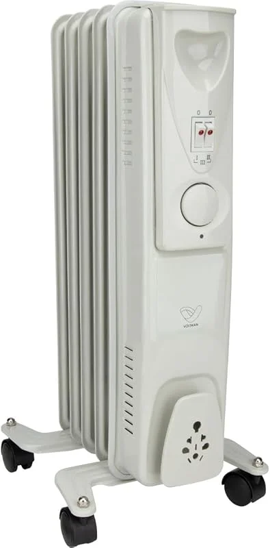VOLTMAN, Radiatore a olio mobile da 2000 W, Termostato regolabile, Da 3 a 5 livelli di riscaldamento, Ruote integrate, Silenzioso, Ideale per soggiorni, Bianco