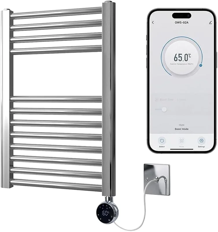 Scaldasalviette elettrico cromato intelligente controllato tramite WiFi, piatto, programmabile per 7 giorni, compatibile con app (400 mm di larghezza x 600 mm di altezza) — Riscaldamento