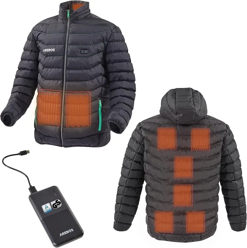 AREBOS Giacca termica a batteria, giacca riscaldata con cappuccio, 9 zone di riscaldamento, incluso powerbank 10000 mAh, 3 livelli di riscaldamento, lavabile in lavatrice — Abbigliamento riscaldato