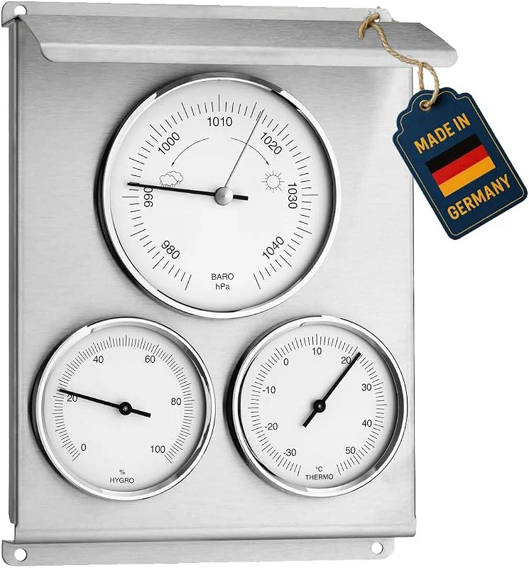 TFA Dostmann Stazione meteorologica analogica per esterni, 20.2010.60, con barometro, igrometro e termometro, in acciaio inox, resistente alle intemperie, argento — Umidificatore