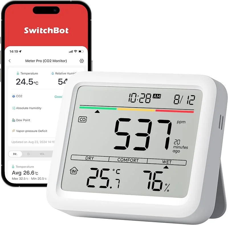 SwitchBot rilevatore di CO2, termometro ambiente interno con sensore CO2, ampio display, tester di qualità dell'aria Bluetooth, igrometro umidità casa — Umidificatore