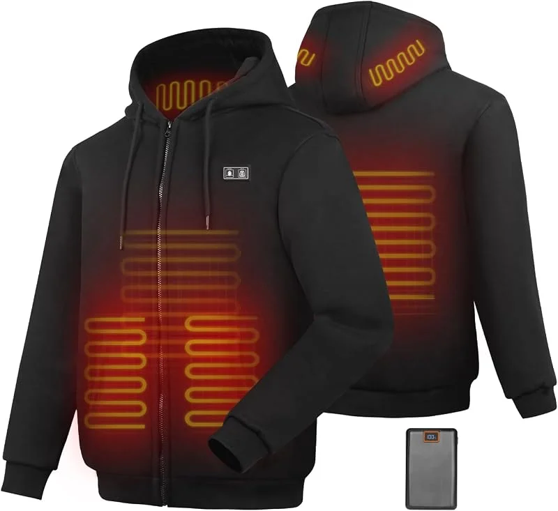 Felpa con Cappuccio Riscaldata Giacca con Cappuccio Riscaldante con e in Pile per Uomo e Donna - Giacca Termica Intelligente 6 Zone, 3 Livelli di Calore - Batteria 7.4V 16000mAh per Outdoor, Campeggio — Abbigliamento riscaldato