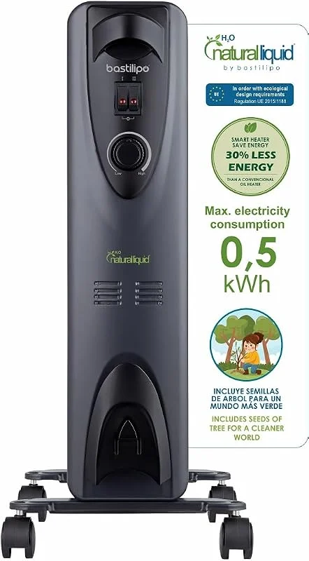 Bastilipo - RC-ECOFLUID-7 - Radiatore ecologico compatto con H2O naturale liquid, extra basso consumo, 1000 W, 0, 5 kw, h, 7 elementi, c, termostato, colore nero. — Riscaldamento