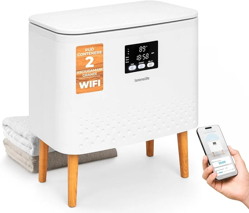 SereneLife Scaldasalviette Elettrico Bagno WiFi 20 Litri, Scaldasalviette Bagno per Asciugamani e Accappatoi, Design Rettangolare, Risparmio Energetico, Spegnimento Automatico, Bianco — Riscaldamento
