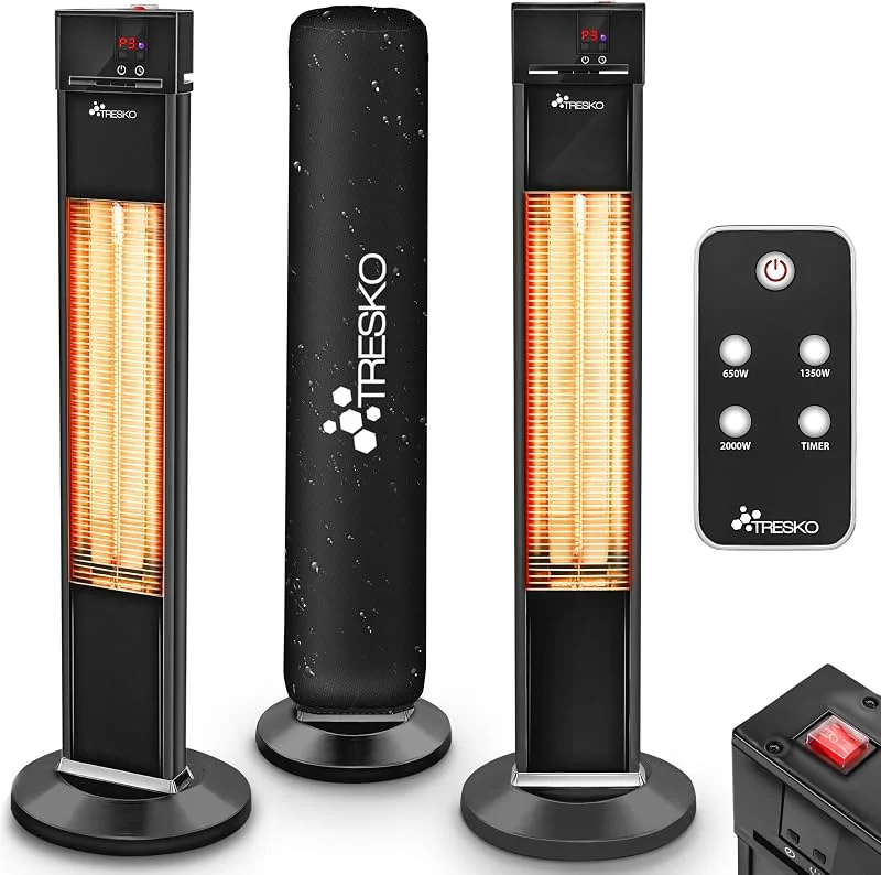 TRESKO Stufa a Infrarossi 2000W a Torre con Telecomando, Riscaldatore elettrico a Infrarossi con 3 Livelli di Calore, Stufa elettrica a infrarossi da Terrazzo per Fuori e Dentro — Riscaldamento