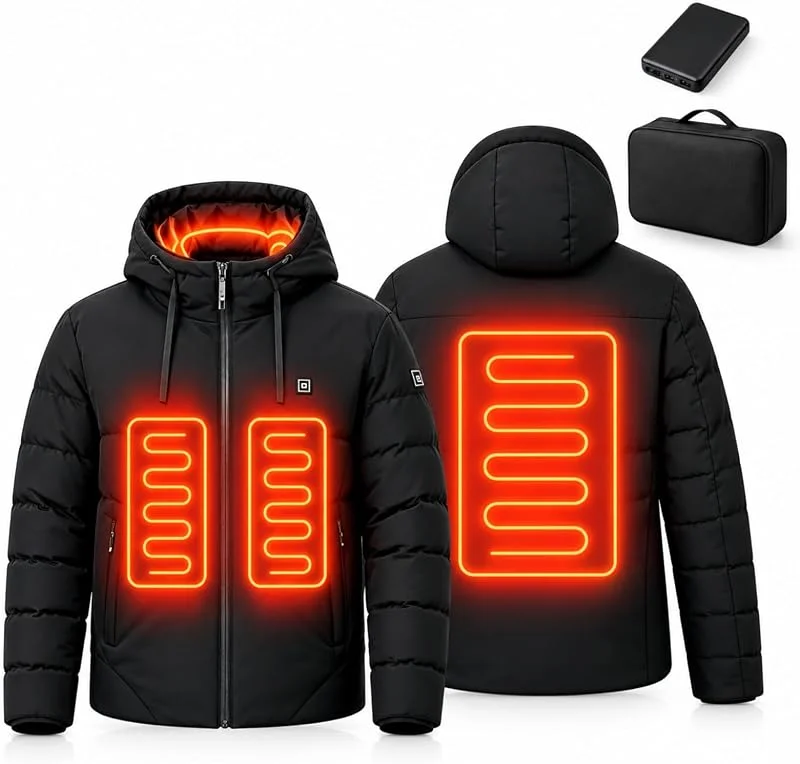 Giubbotto Riscaldato con Cappuccio per Uomo Donna con Batteria 10000mAh, Giacca Riscaldata Impermeabile con 3 Livelli di Riscaldamento, Cappotti Invernale Calda per Moto, Pesca, Attività all'aperto — Abbigliamento riscaldato