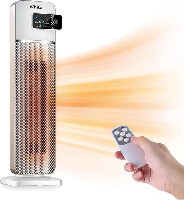 White - Stufa Elettrica a Torre In Ceramica PTC, Termoventilatore 2000W Con Telecomando, Riscaldatore Elettrico 3 Livelli, Timer, Oscillazione Automatica, Display LED Touch Screen — Riscaldamento