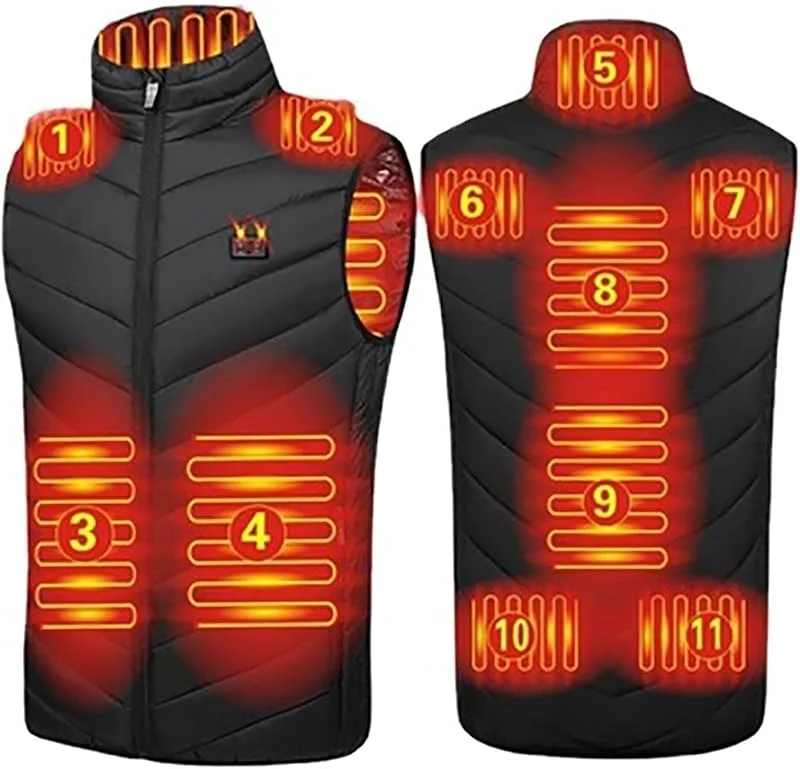 HSOSK Gilet riscaldato da uomo per attività all'aria aperta: giacca riscaldata a 11 zone, riscaldata tramite USB, per escursionismo, sci, campeggio, caccia, pesca, equitazione — Abbigliamento riscaldato