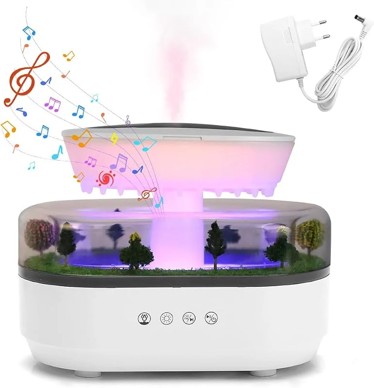 Umidificatore Pioggia 250ML, 7 colori diffusore per aromaterapia, Diffusore di Oli Essenziali, Dispone di tre tipi di rumore bianco, adatto per l'uso domestico o in ufficio