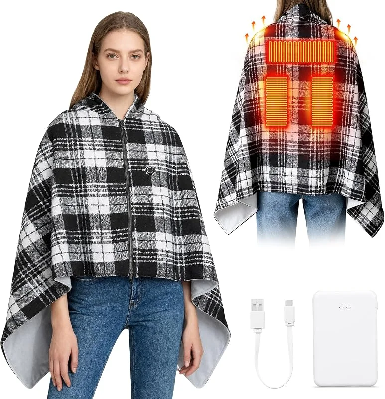 Coperta Riscaldante Elettrica con 5000mAh Batteria, Indossabile Coperta Termica con 3 Temperatura, Lavabile Cuscino Termico Elettrico Termoforo Cervicale Riscaldamento Poncho Pile per Spalle Schiena