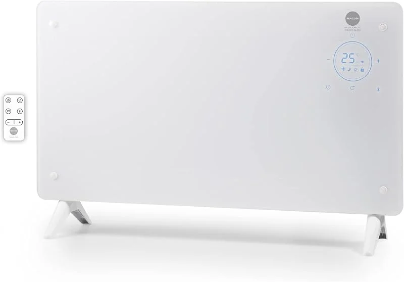 MACOM, Elegante Termoconvettore in vetro temperato, riscaldamento rapido, 1000, 2000 W, Tlc, timer 24h, termostato ambiente, montaggio a parete con staffe in dotazione, Enjoy & Relax 937 Thermo Glass