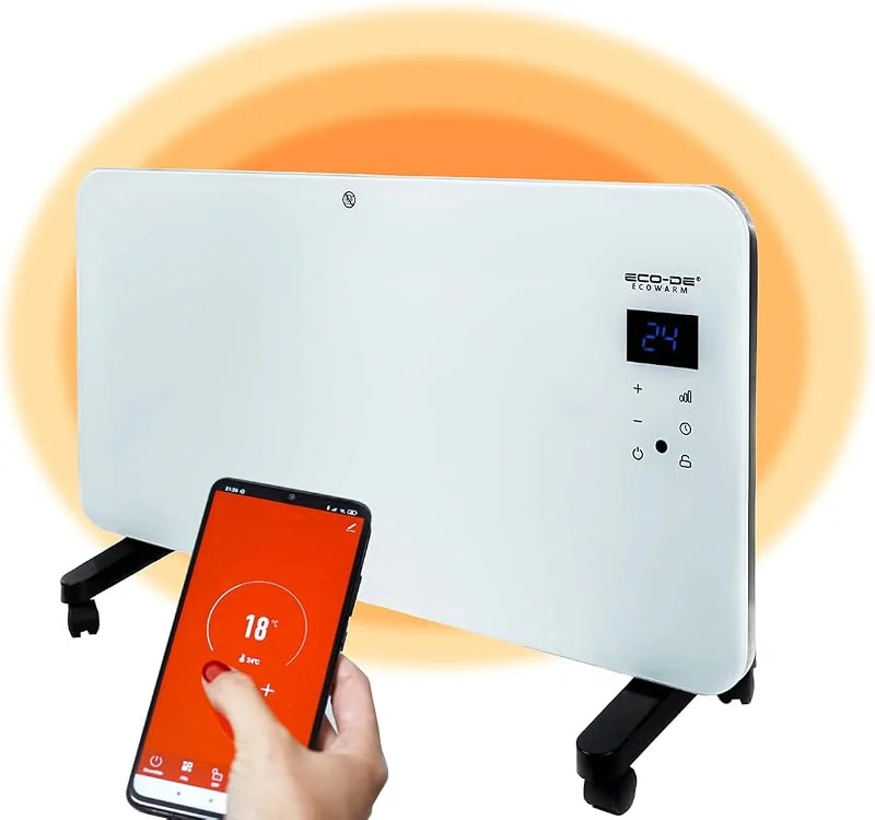 ECODE Stufa Elettrica Basso Consumo 1000W, Scaldino Elettrico Ideale come Termoarredo Bagno o Stanza, Scaldabagno e Termoconvettore Ceramico da Parete, su Ruote o Piedini con WiFi e Display Touch — Riscaldamento