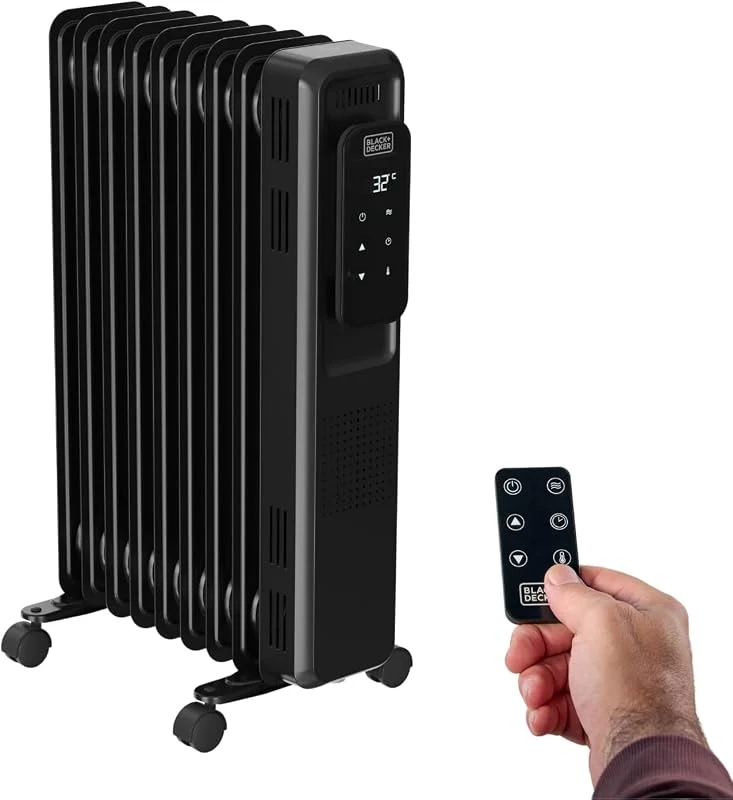 BLACK+DECKER - Radiatore ad olio 2000W, Termosifone elettrico, 9 elementi, 3 livelli di potenza, Regolabile, Timer 24 h, Ultra silenzioso, Protezione surriscaldamento, Display digitale