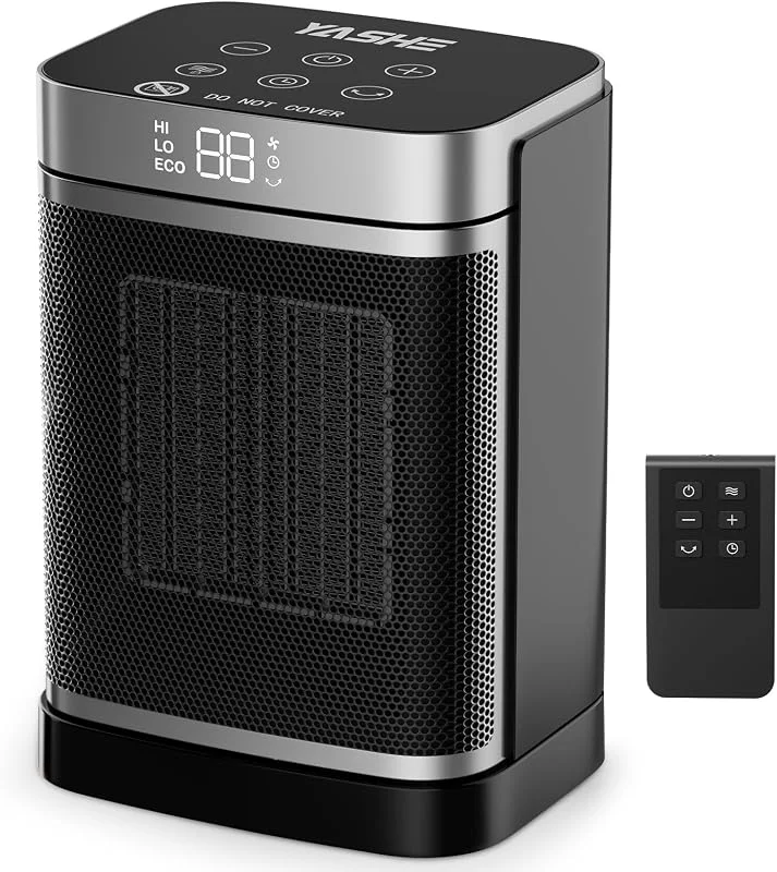 YASHE Stufa Elettrica 1500W, Termoventilatore Portatile PTC per Interni con Telecomando, Termostato, Modalità ECO, Oscillazione 70°, Timer 12H, Stufetta Sicura e Silenziosa per Casa Ufficio — Riscaldamento