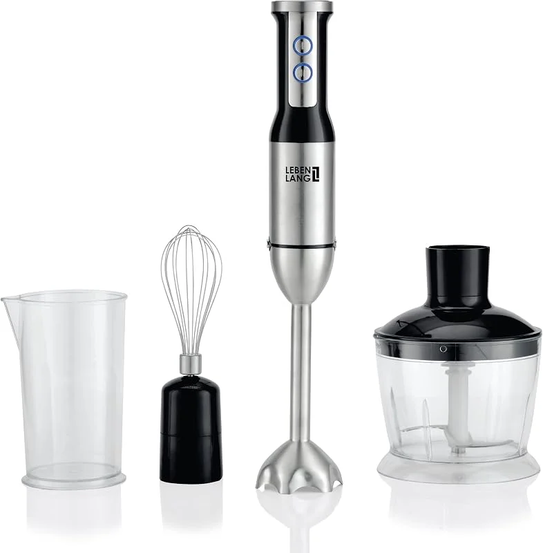 LEBENLANG Frullatore a immersione, 1000 Watt, con tritatutto, frusta e misurino, set di frullatore elettrico in acciaio inox con asta di miscelazione, frullatore ad immersione — Riscaldamento