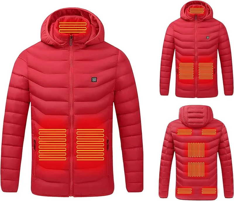 SYDUZAX Giacca Riscaldato con Cappuccio Uomo Donna 2024 Nuovo Piumino Invernale 9 Zone di Riscaldamento 3 Livelli di Riscaldamento con Porta di USB Cappotti Impermeabile per Il Lavoro Sci Giacca Moto — Abbigliamento riscaldato