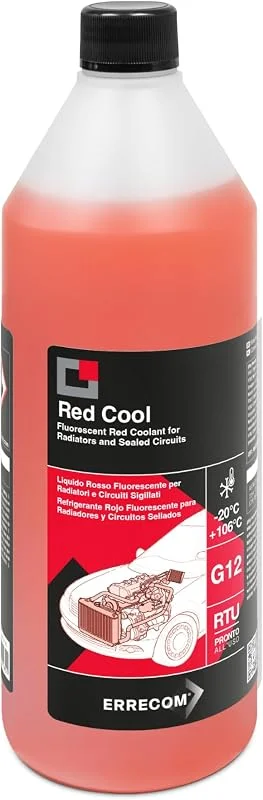 ERRECOM Red Cool, Liquido Radiatore Rosso Fluorescente -20°C, +106°C, antigelo G12 con Pacchetto inibitore a Base Organica Oat, Pronto all’Uso, 1 Litro — Riscaldamento