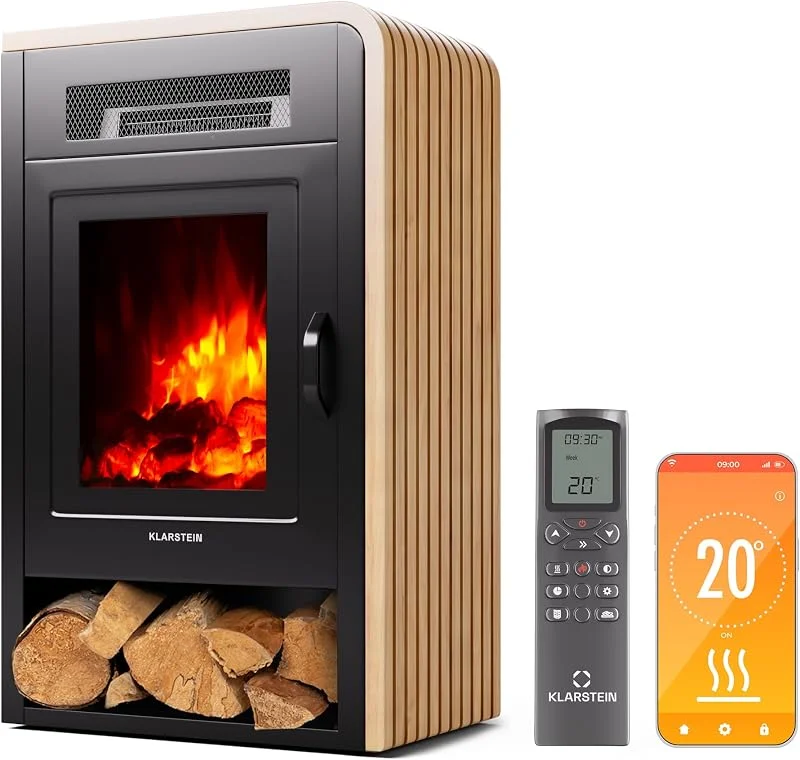 KLARSTEIN Camino Elettrico Basso Consumo, Camino da Terra con Mensola, Elettrico da Parete, Caminetto 1900W, Finto Decorativo con LED, Telecomando, Timer, Controllo Temperatura — Riscaldamento