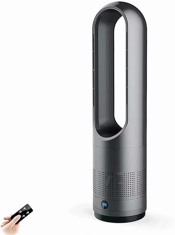 Ventola di raffreddamento e riscaldamento, ventola a torre senza pale da 18", riscaldatore di spazio da 1400W, ventola senza foglie con oscillazione di 80°, 8 velocità, 8 ore