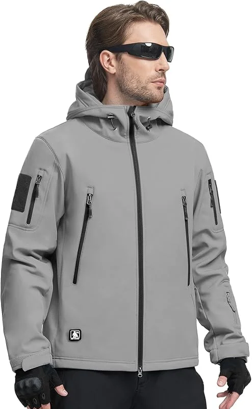 FREE SOLDIER Giacche Militari Softshell da Uomo Fodera in Pile da Esterno Giacca Antivento Impermeabile con Cappuccio Giacche tattiche Calde Multitasche per Escursioni di Caccia (Grigio chiaro, 3XL) — Abbigliamento riscaldato