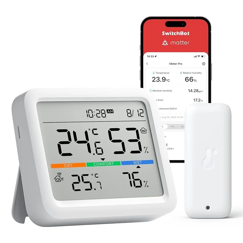 SwitchBot Bluetooth Stazione Meteorologica con IP65 Sensore Esterno, Display con Data e Ora, Esportazione Gratuita di Dati, Temperatura e Umidità, Sensore di Rugiada, VPD, Umidità Assoluta — Umidificatore