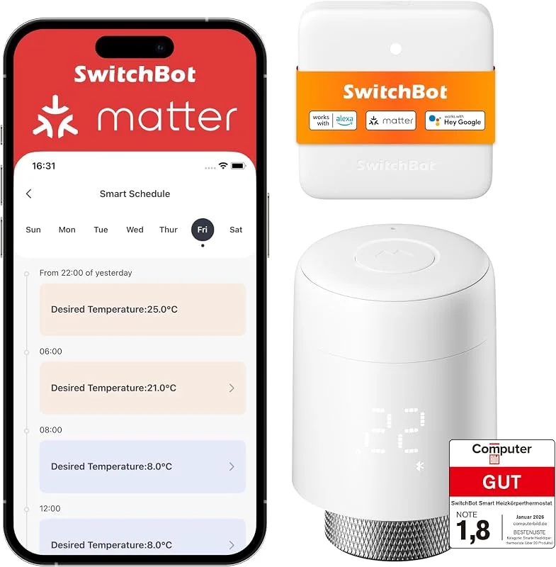 SwitchBot Termostato smart per termosifone con supporto Matter (Combo), Bluetooth e controllo da App e timer, risparmio energetico, installazione facile, compatibile Alexa, Apple Home — Riscaldamento