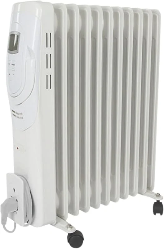 Perel Radiatore ad olio 2500 W, 11 elementi, 3 livelli di potenza, display LCD, timer, termostato regolabile, per ambienti fino a 30 m² — Riscaldamento