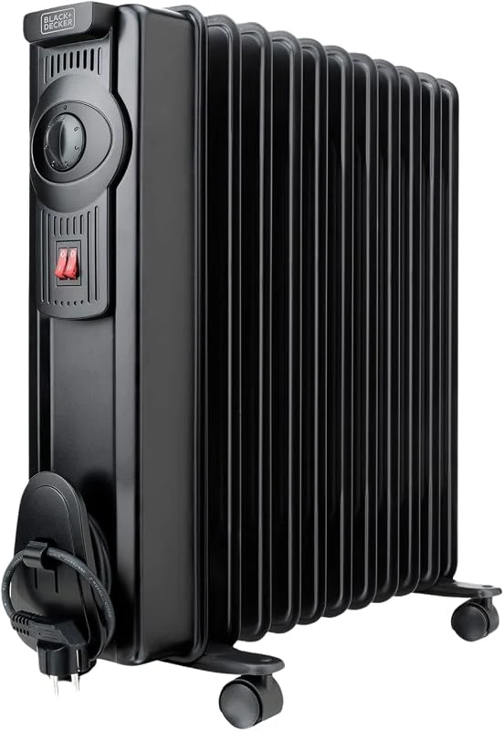 BLACK+DECKER BXRA2300E - Radiatore ad Olio 2300W, 11 Elementi da 140 mm, Termostato Regolabile, 2 Livelli di Potenza, Sistema di Sicurezza con Spegnimento Automatico, Nero — Riscaldamento
