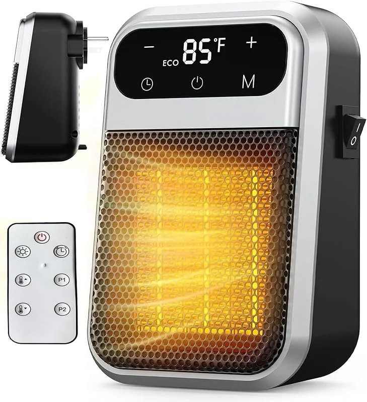 Prese termoventilatore con telecomando, mini termoventilatore in ceramica, a risparmio energetico, silenzioso, 1200 W, con timer da 12 ore, termostato per camera da letto, ufficio — Riscaldamento