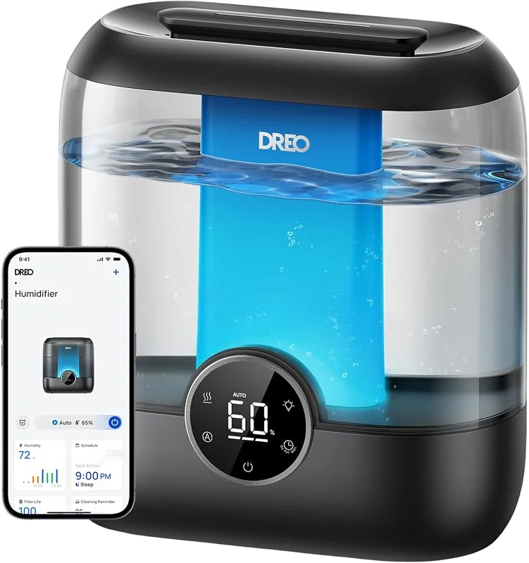DREO Umidificatore per Bebè 6L con Sensore di Umidità, 26dB Silenzioso, Nero