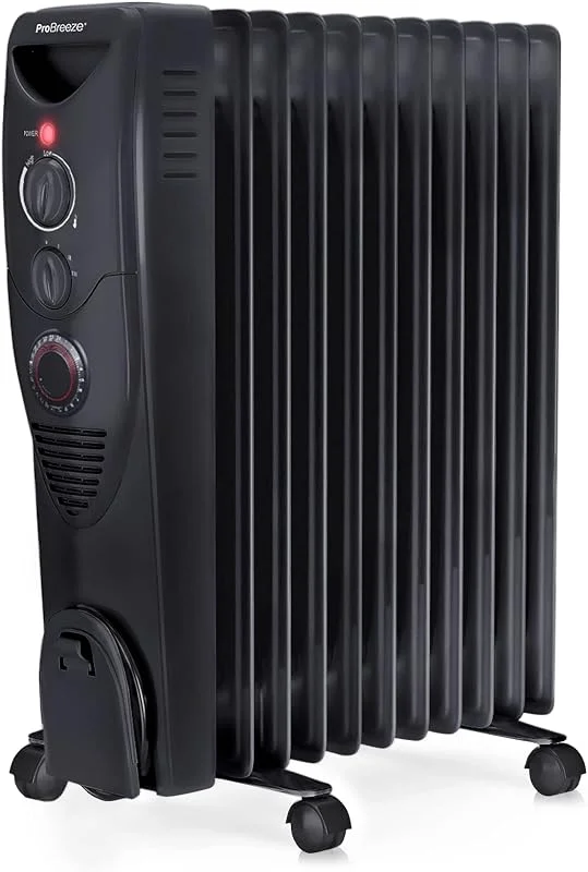 Pro Breeze Radiatore ad Olio 2500W, 11 Elementi - Riscaldatore Elettrico Portatile - Timer Incorporato, 3 Livelli di Calore, Termostato e Spegnimento Automatico di Sicurezza - Nero — Riscaldamento