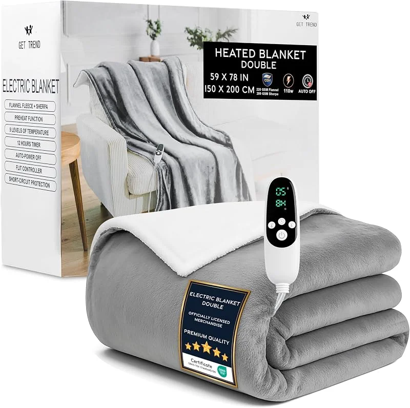 Get Trend Coperta Elettrica Matrimoniale 150x200 cm, Plaid Riscaldante in Pile Sherpa, 9 Livelli, Timer 12 Ore, Riscaldamento Elettrico Rapido, Idea Regalo Cosy (Grigio Chiaro, Doppio EU)