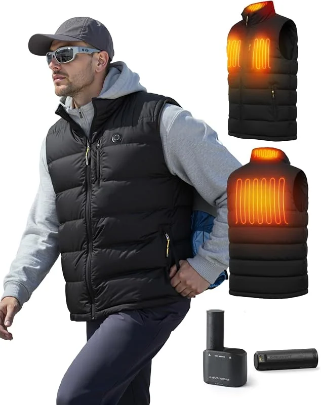 InoKraft Gilet riscaldato da uomo, leggero, trapuntato, invernale, riscaldato, con batteria ricaricabile da 8000 mAh e cavo di ricarica USB-C per ciclismo, corsa, escursionismo — Abbigliamento riscaldato